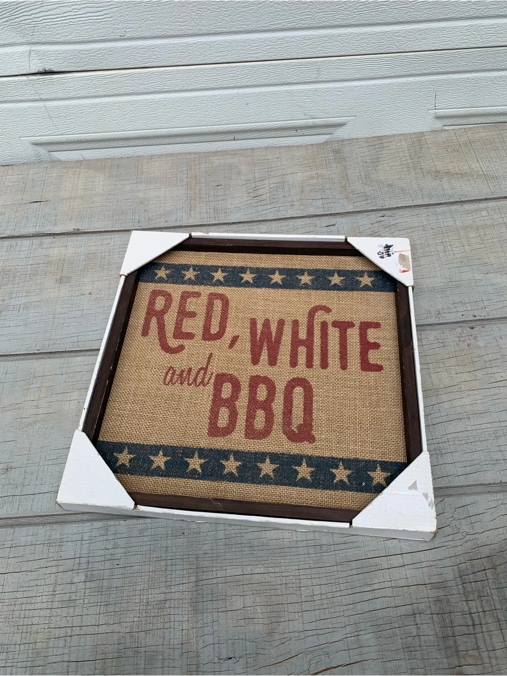Red White and BBQ Wood Framed Sign Rustic Burlap Patriotic Americana Wall Art
